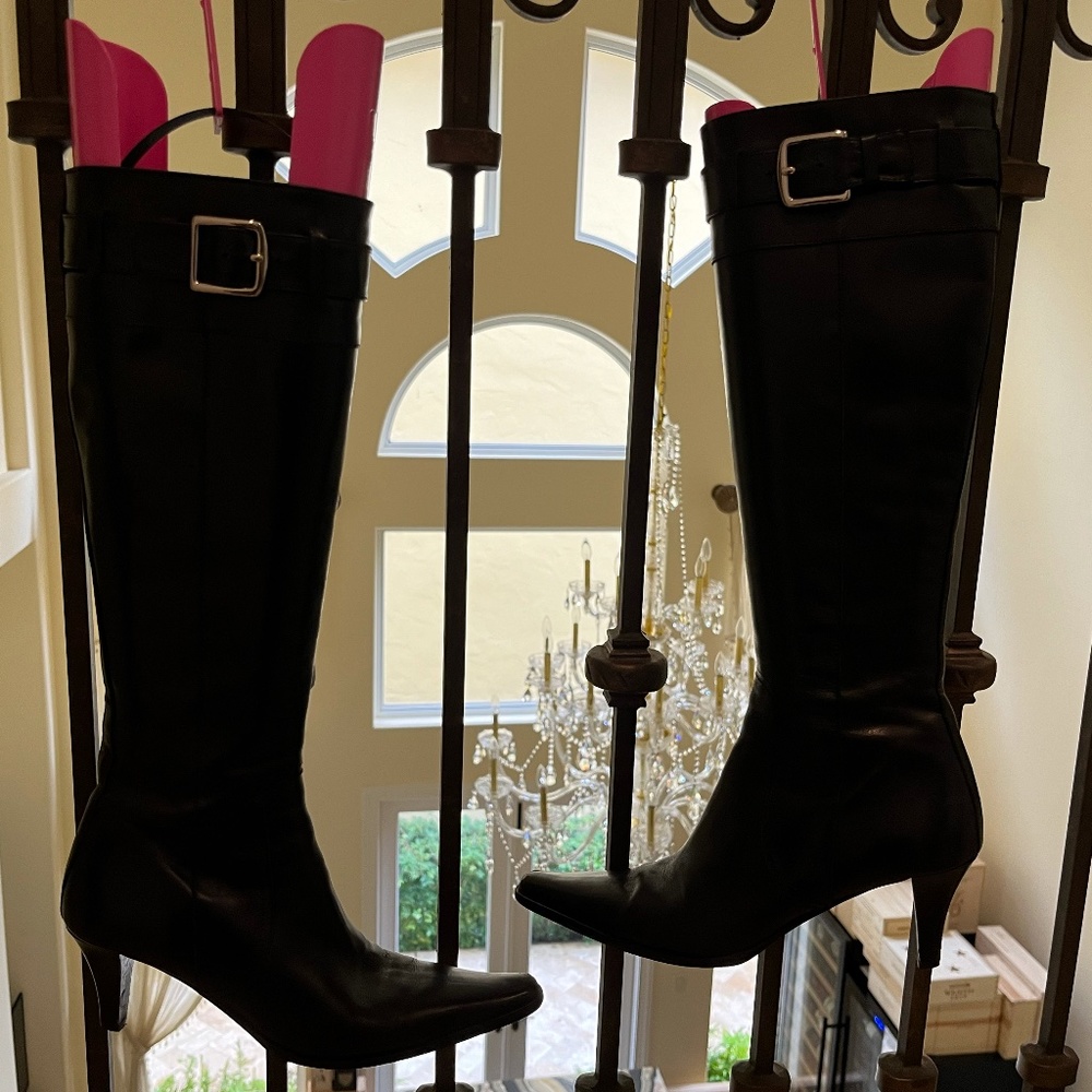 COACH - Black Leather Knee High Boots with Silver Buckle Detail